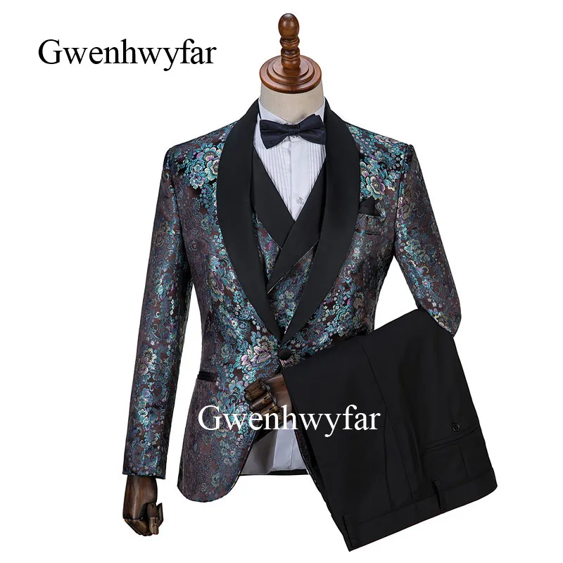 

Gwenhwyfar Elegant Black Luxury Floral Jacquard Wedding Groom Suit Pants Vest Slim Fit Men Tuxedo Suit For Wedding Prom Best Man