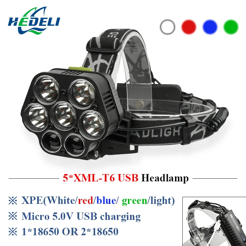 Goede USB Oplaadbare Koplamp LED Super heldere CREE XML 5 * T6 7 LED Koplamp rood Hoofd Lamp 20000 lumen LED Zaklamp 2*18650