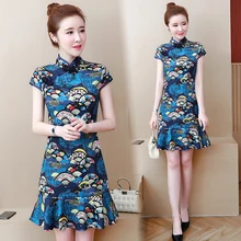 Vestido cheongsam bonito vintage de verano para mujer, vestido grande de talla grande L-5XL XXL XXXL 3XL XXXXL 4XL estampado Floral Delgado Casual vestidos de fiesta