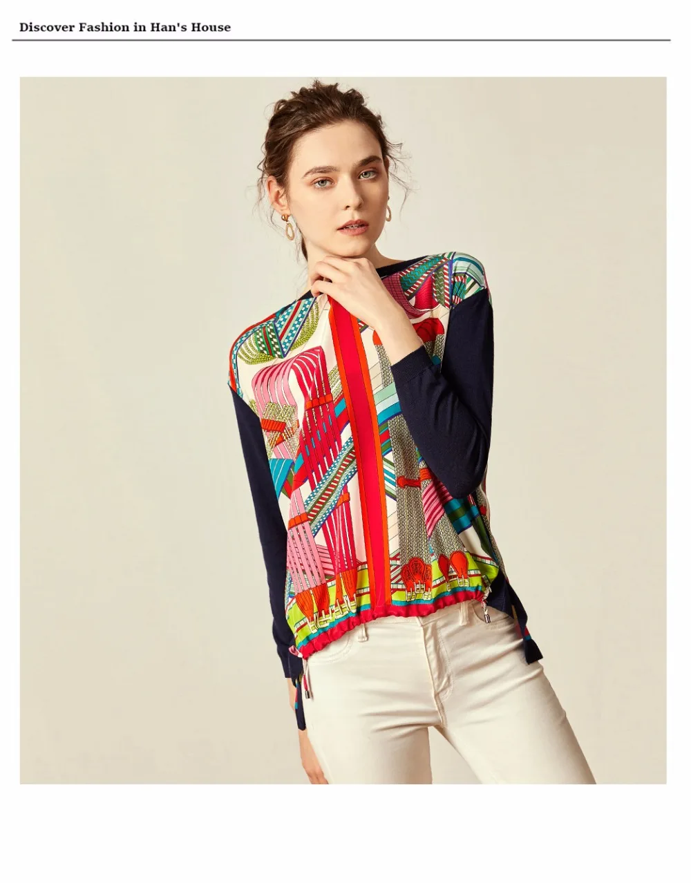Женская блуза из шелковой Лоскутной Ткани с принтом, простая трикотажная одежда с круглым вырезом и длинными рукавами, плиссированный подол, повседневный Топ, новая мода