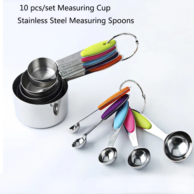 

10pcs/set Kitchen Tools Measuring Cup Set 430 Stainless Steel Measuring Spoon With Silicone Handle Foldable Baking Measuri