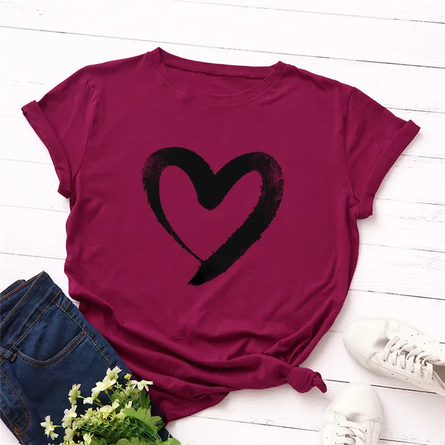 Plus Size S 5XL New Heart Print T Shirt Women 100% Cotton O Neck Short ...