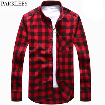 

Flannel Red Black Plaid Shirts Men Business Causal Long Sleeve Male Buffalo Check Camisas Slim Fit Button Down Dress Shirts XXXL