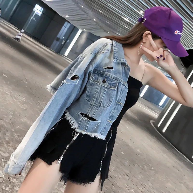 Femmes Trou Court Jeans Manches Denim Gland Vestes Hip S Tops Déchiré Light Bombardier Longues Boyfriend Veste xl Hop Harajuku Blue Manteaux Lâche C0Iqdwwn