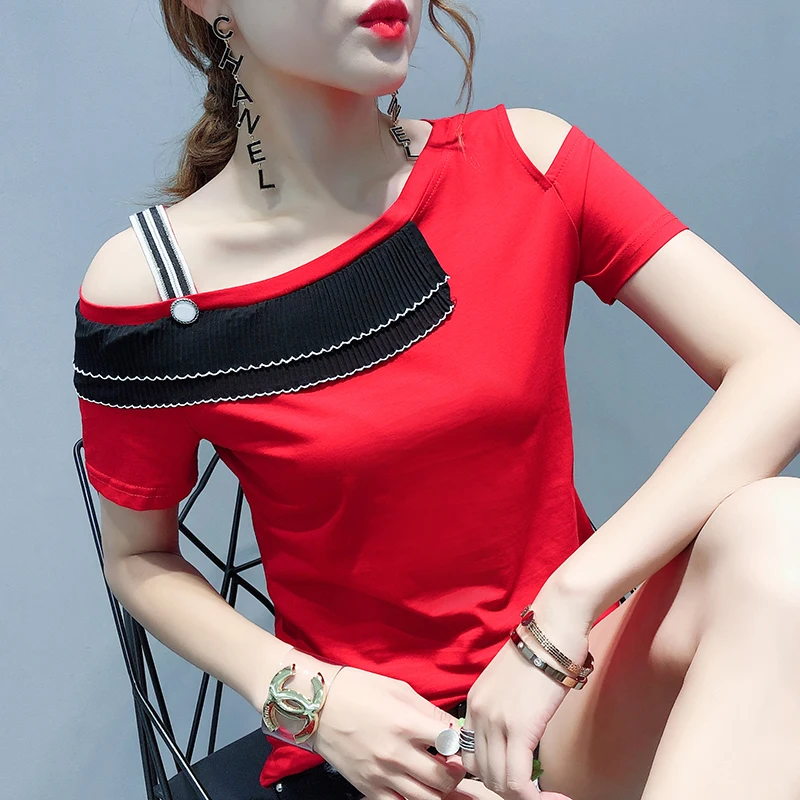 Корейская Сексуальная Лоскутная футболка с вырезом лодочкой, новинка, женский топ с коротким рукавом, рубашка, уличная одежда, Camiseta Mujer, черная, T96513 - Цвет: Red tshirt