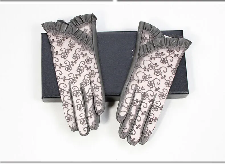 Новое Кружевное из натуральной кожи перчатки женские вождения солнцезащитный крем сенсорный перчатки овчины модные элегантные Для женщин