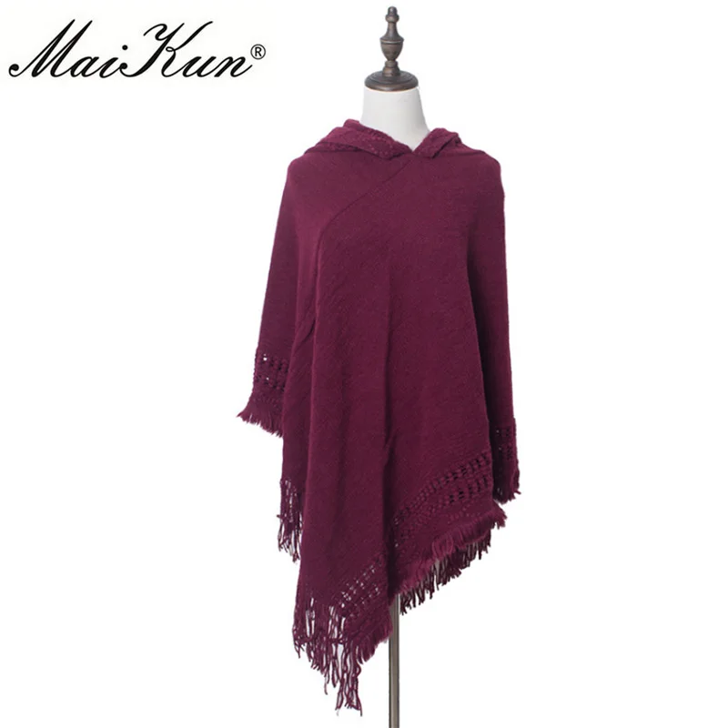 Maikun шарф женский модное пончо для женщин и дамы накидка с кистями и косых полосками в стиле богемский шарф теплый и модный - Цвет: wine red