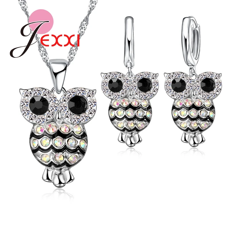 

Jemmin Party Trendy Owl Design Girls Jewelry Sets Colorized Crystal Necklace Earrings 925 Sterling Silver Women Pendant Set