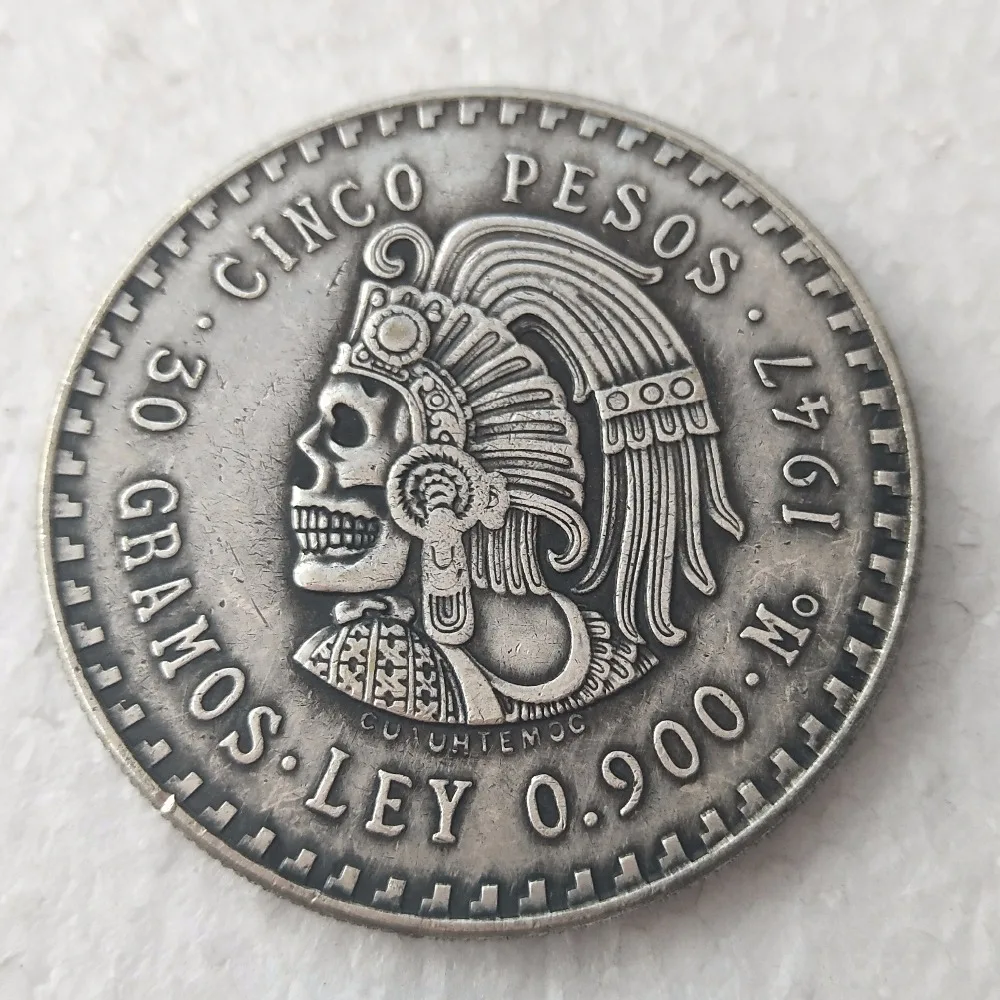 

Hobo Uncirculated 1947 Mexico 5 Pesos Silver Foreign Copy Coins Funny skull zombie skeleton Copy Coins