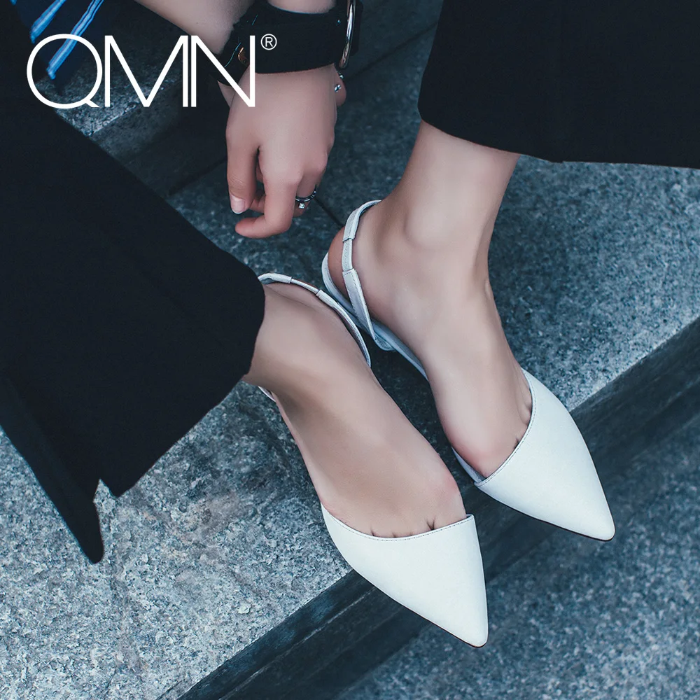 

QMN women genuine leather pumps Women Glossed Leather Block Heels Slingbacks Slip On Summer Leisure Shoes Woman Pumps