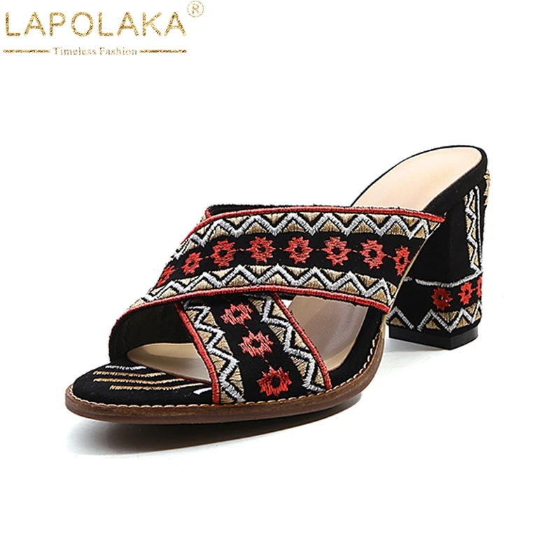 

LAPOLAKA American Ethnic Flower Embossed Chunky High Heel Open Peep Toe Platform Summer Shoes Woman Slipper Sandals