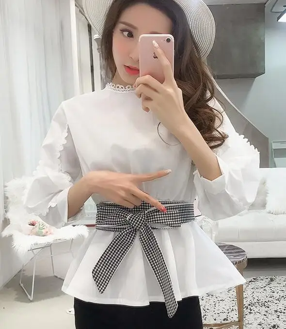 

2019 Autumn New Arrival High Quality Hot Sale Fashion Round Collar Plaid Collect Waist Puff Sleeve Woman Cotton Blouse