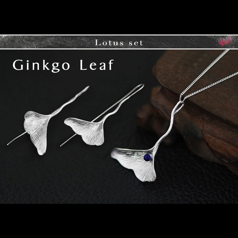 

Lotus Fun Real 925 Sterling Silver Lapis Handmade Fine Jewelry Ginkgo Leaf Jewelry Set with Drop Earring Pendant Necklace