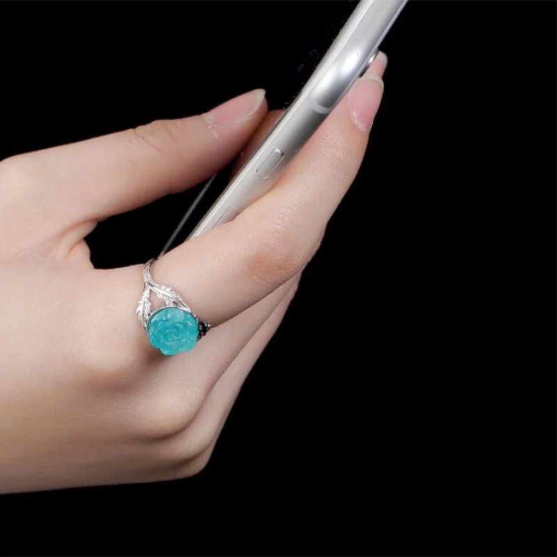 Регулируемый кольцо Настоящее серебро 925 пробы fine Jewelry Для женщин мозаика Амазонит Роза открытия Свадебные кольцо-Определитель настроения YR5