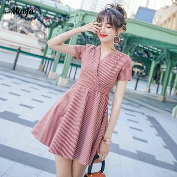 

Casual women striped Dress Summer Short Sleeve V-Neck A line Dress Elegant Office Ladies empire Dresses bow Vestidos