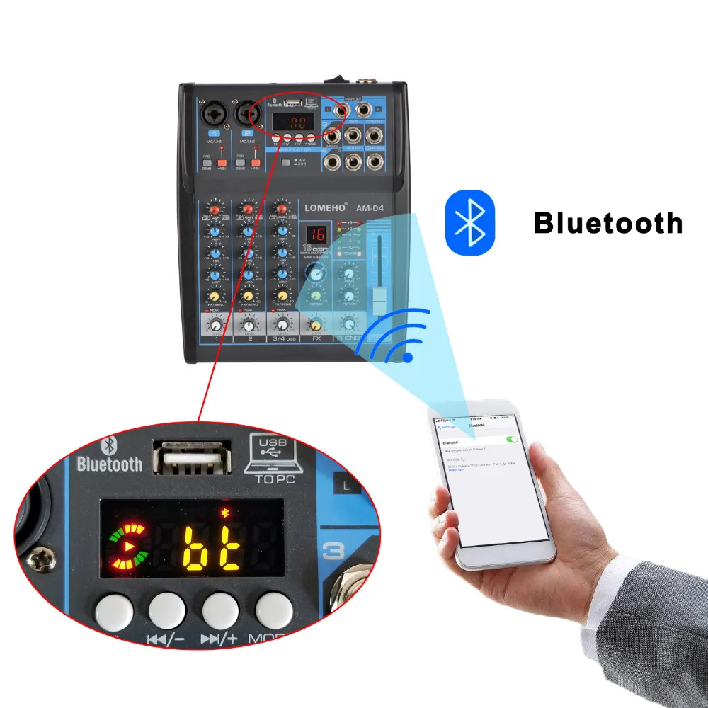 LOMOEHO AM 04 2 Mono + 1 стерео 4 канальный Bluetooth USB 48В Phantom Профессиональный DJ аудио