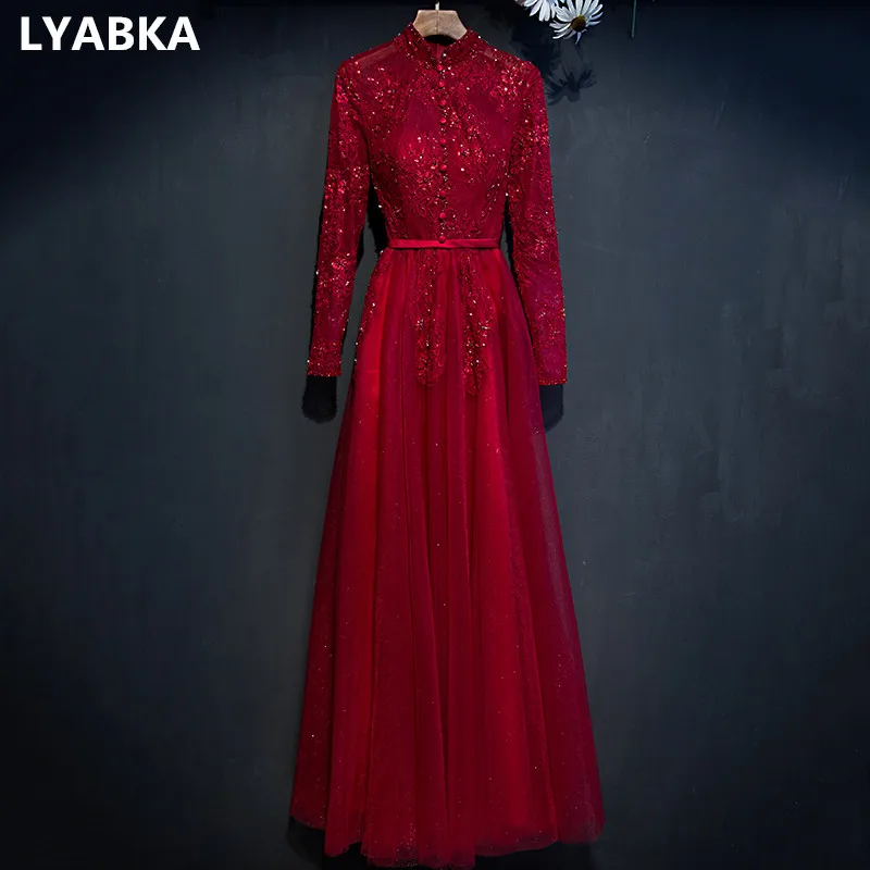 Элегантное вечернее платье с длинными рукавами; Robe De Soiree; бордовые вечерние платья с высоким воротом; длинное платье; ; дизайн; vestido de festa