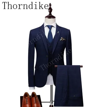 

Thorndike 3 Colors Men's Suits Plaid Thick Winter Prom Wear Tuxedos Formal Bridegroom Wedding Dress Suits (Jacket+Pants+Vest) G3