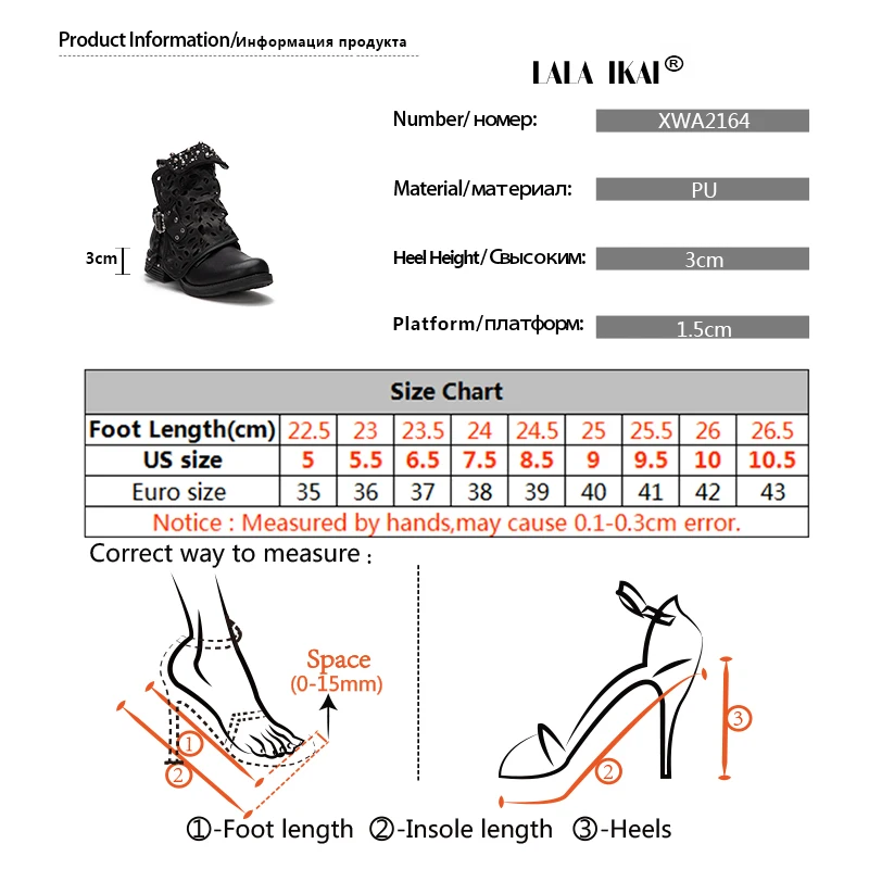 LALA IKAI/женские туфли на каблуке, Для женщин Стразы зимние сапоги на молнии, с заклепками, с пряжкой, со шнуровкой, ботильоны в стиле "Вестерн" в ковбойском стиле, круглый носок женская обувь 014A2164-4
