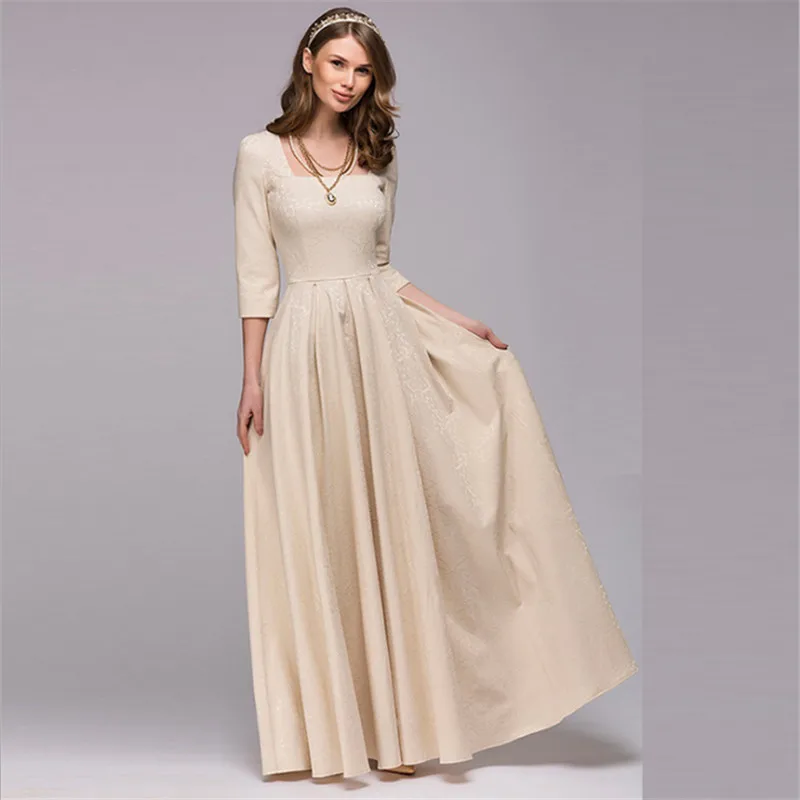 

Women Vintage collar long dress New Elegant solid color 3/4 sleeve party vestidos Casual Spring autumn dress