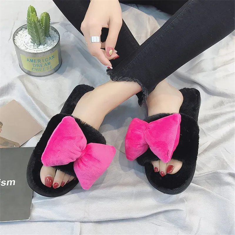 

COOTELILI Fashion Women Home Slippers Faux Fur Warm Shoes Woman Slip on Flats Bowtie Female Winter Slides Plus Size wholesale