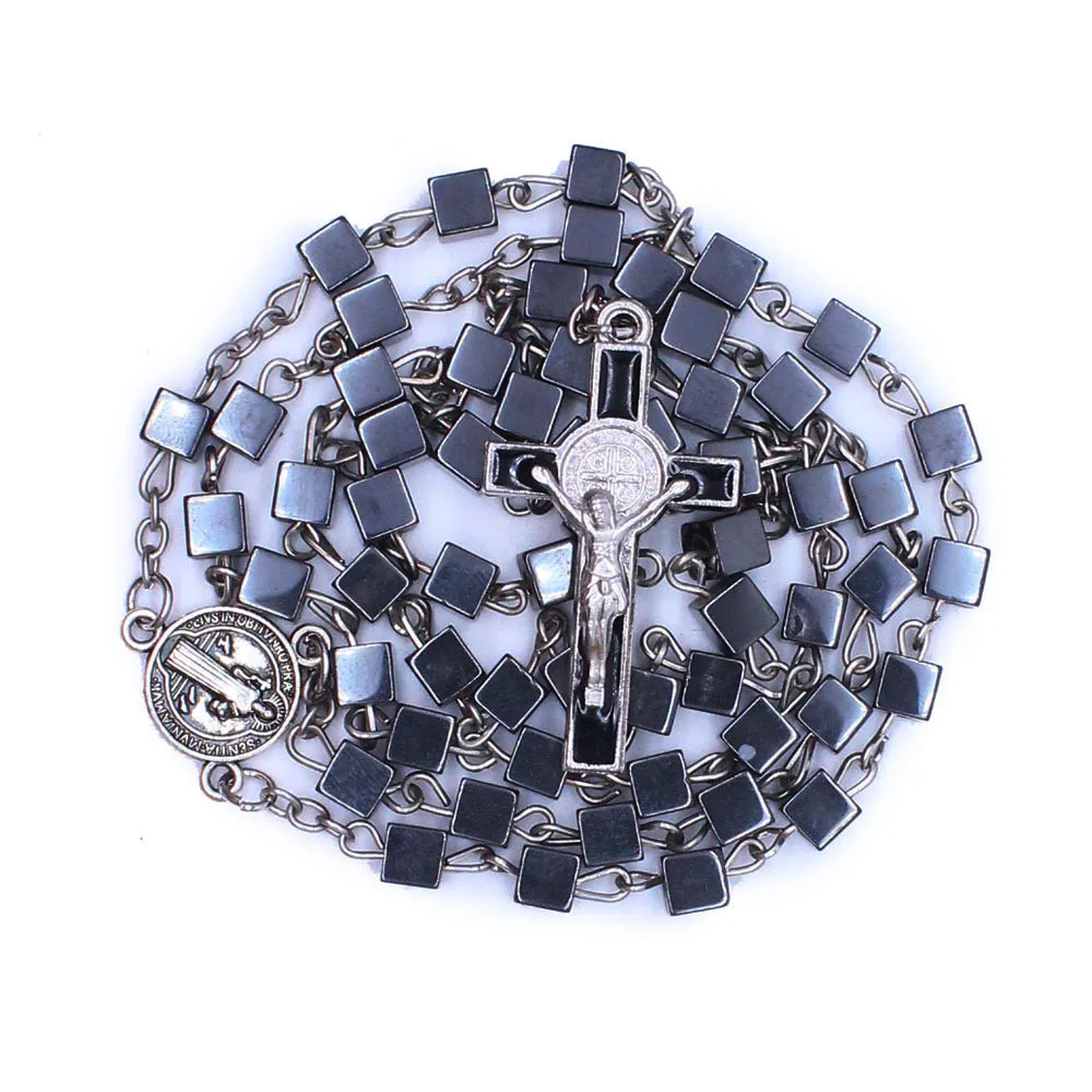 

Square black gallstone cross necklace religious ornament Catholic Rosary Necklace