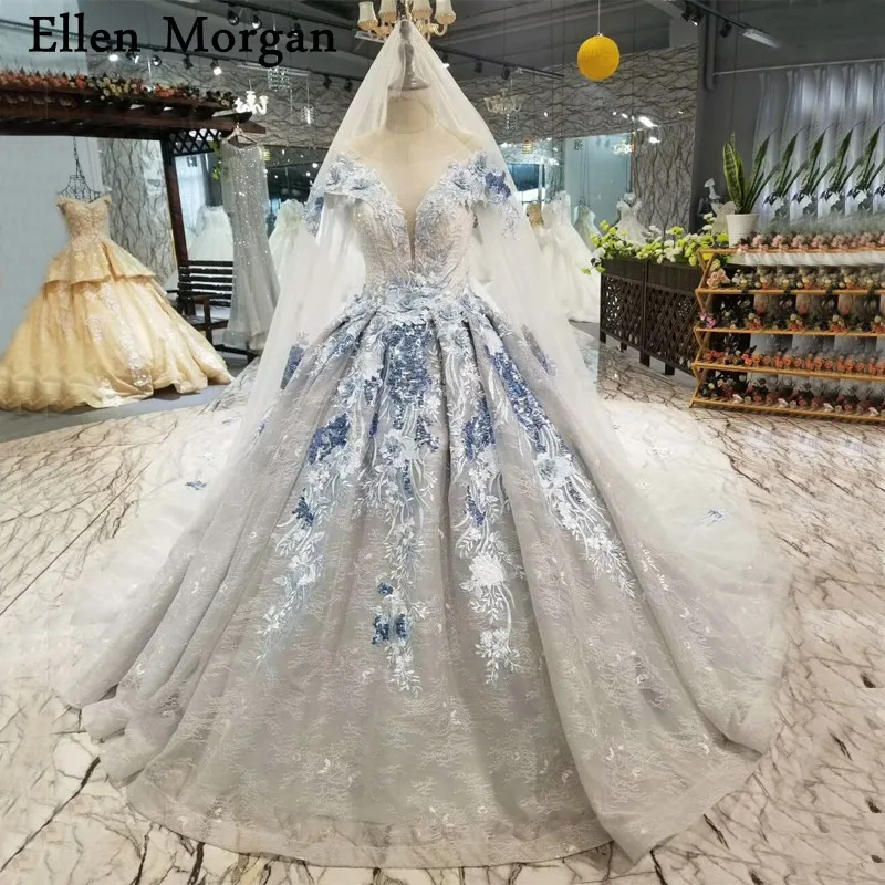 Silver Lace Ball Gowns Wedding Dresses 2019 Custom Made Real