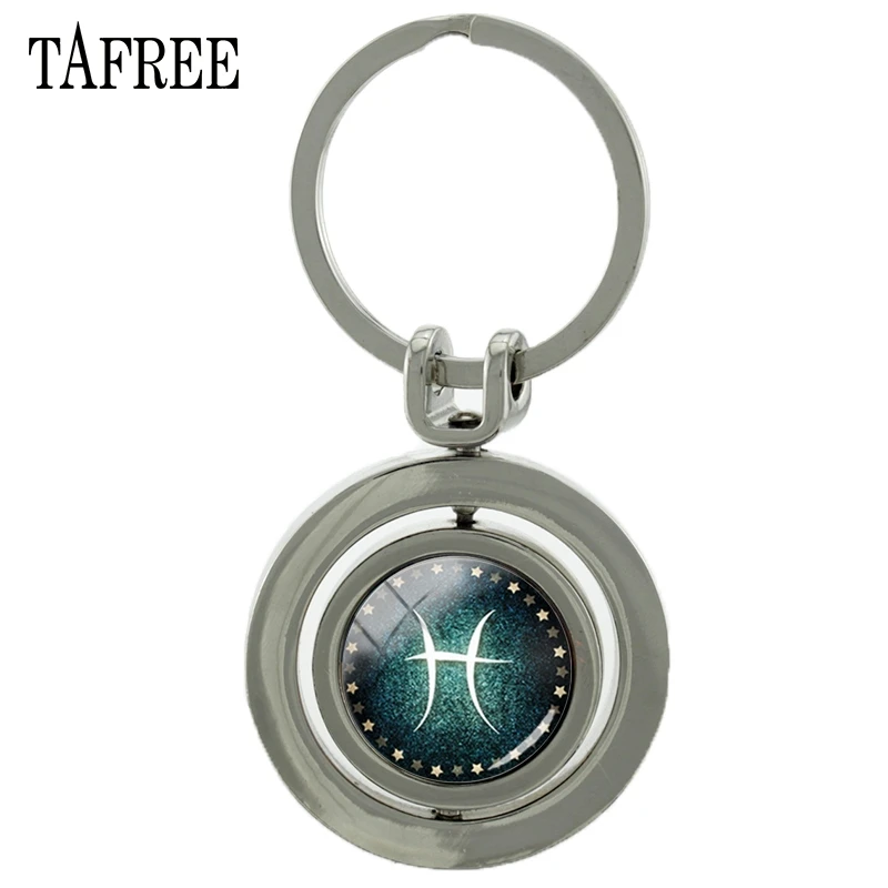 

TAFREE New 12 Revolving Pendant Keyring Classic Design Pisces Cabochon Double Sides Rotatable Keychain D1200