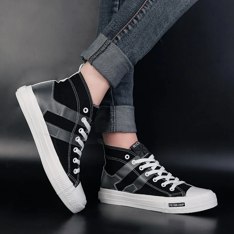 

Spring Autumn High Top Sneakers Men Shoes 2019 Stripe Casual Shoes Men's Canvas Shoes Light Skaters Black Red White Footwear