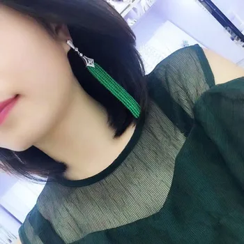 

Qi Xuan_Green Chalcedony Tassel Earrings S925 Silver Plated White Gold Hand Inlaid Exquisite Atmosphere Ear Studs Promotional