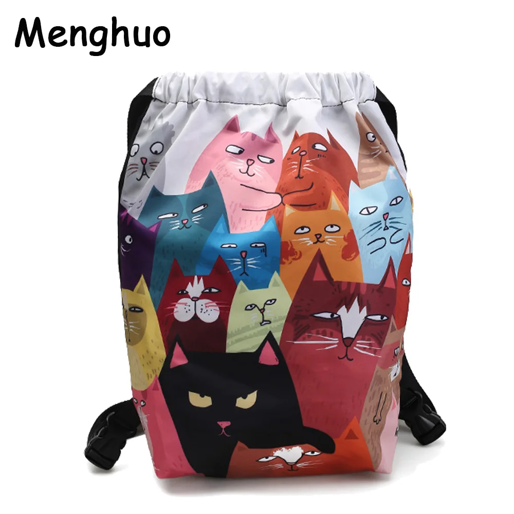 Menghuo Designer 6 Patterns Cat Printing Women Classic Mochila Drawstring Bags Travel backpack School Bag Leisure Bagpack Brand