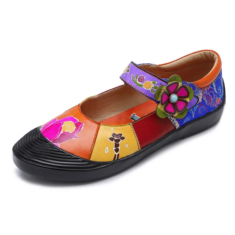 Vintage Sandals Flowers Pattern Splicing Genuine Leather Stitching Hook Loop Slip On Elegant Shoes Women 2019 | Обувь