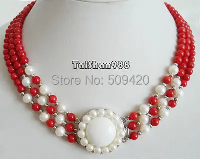 

Free Shipping >>>>>3 Rows Red Coral White Pearl Sun Flower Pendant 18KWGP Clasp Necklace