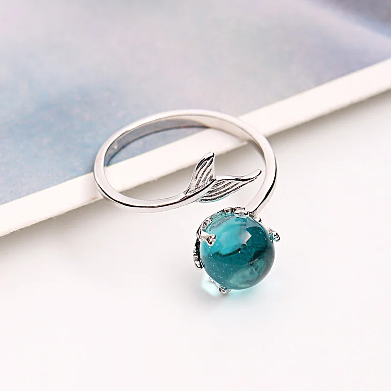 925 Sterling Silver Open Blue Crystal Mermaid Bubble Rings for Women Girls Gift Statement Jewelry Adjustable Size Finger Ring