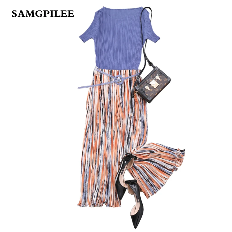 

2019 New Fashion Short Sleeve Casual Pullover O-neck Elastic Waist Solid Calf-length Pants Women Set L-3xl