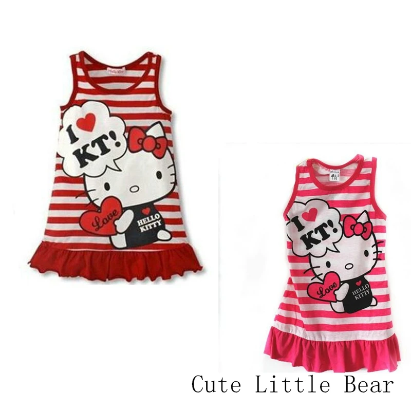 New Arrival baby girl dress Hell kitty cartoon KT dress Stripe tutu elsa dress Soft Beautiful