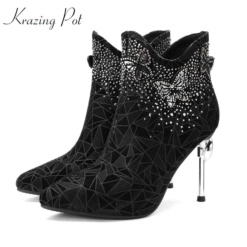 

Krazing Pot vintage design sheep suede pointed toe beading bling-studded stiletto strange high heels nightclub ankle boots L87