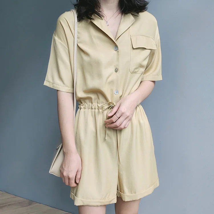 

2019 Summer Women Casual Playsuits Short Sleeve V Neck Solid Chic Loose Drawstring Jumpsuits Rompers High Street