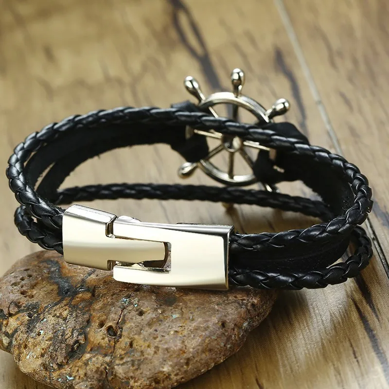 Leather Bracelet Leather Bangle Men Sailor Rudder Multilayer Leather Bracelet Nautical Bangles for Men