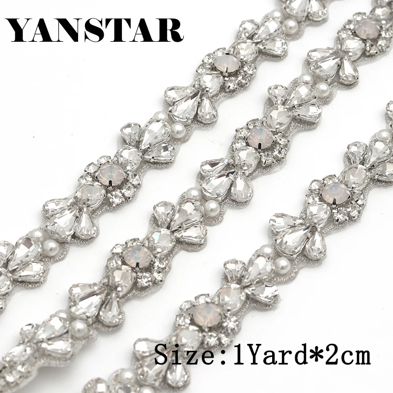 

YANSTAR 1YARD Sparkle Oplas Rhinestones Applique Clear Silver Crystal Rhinestone Trim Iron On For Wedding Sash YS977