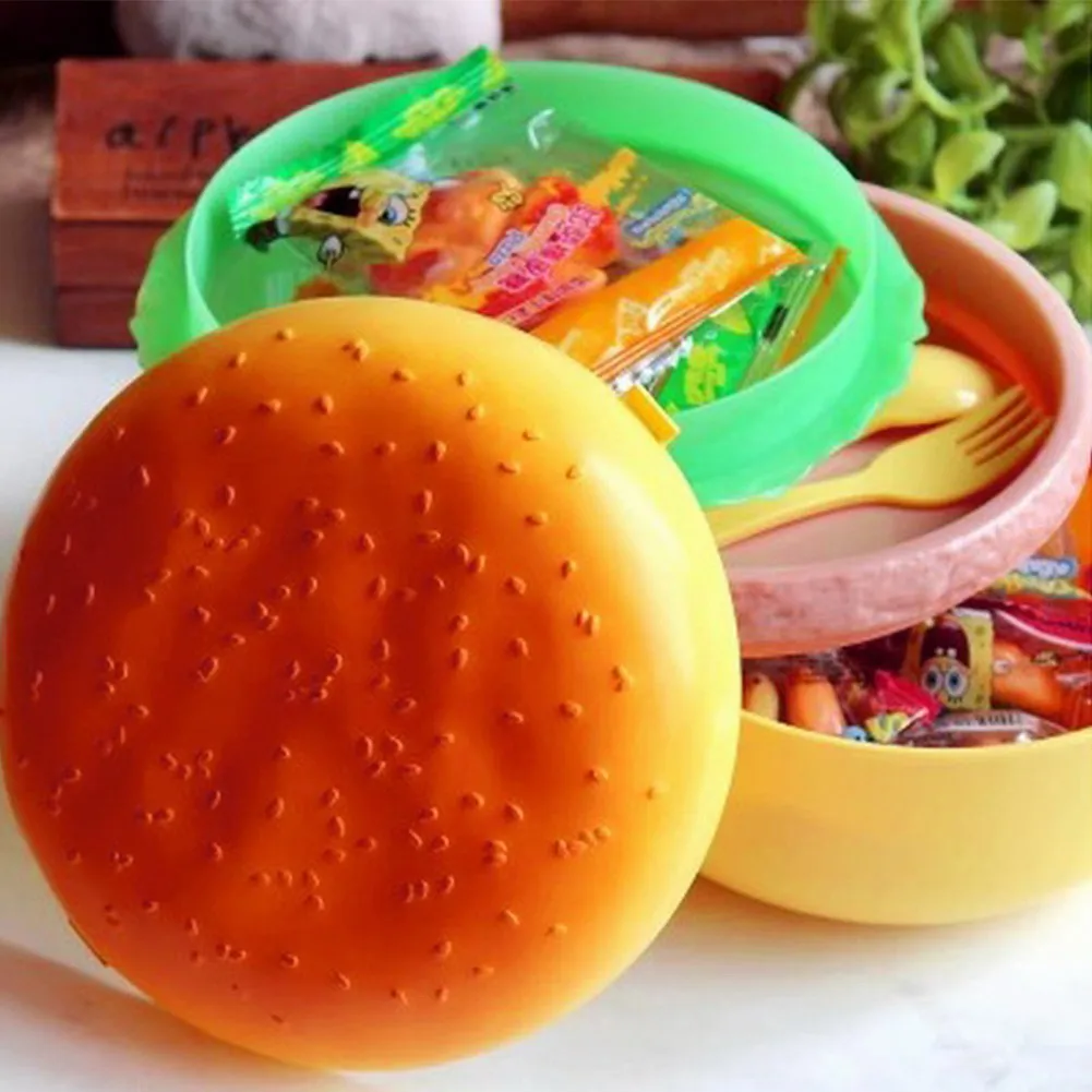 

Eco-Friendly 1000mL Double Tier Children Hamburger Bento Box Lunch Food Container Storage with Fork Lunchbox Bento Container