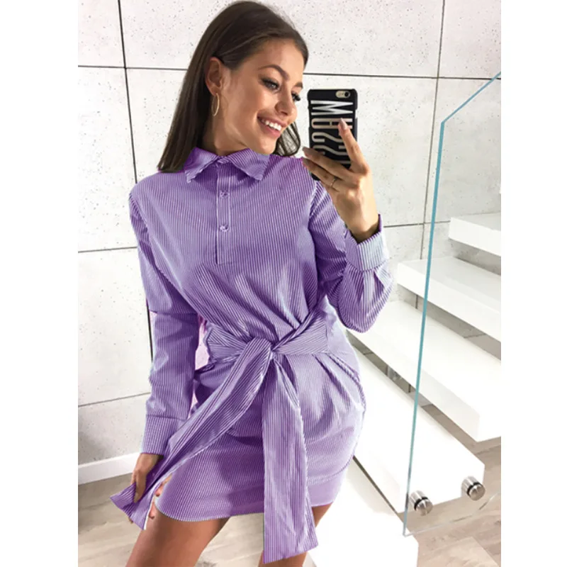 5XL Large Sizes Fashion Office Work Bow Tie Lapel Striped Dress Women Long Sleeve Plus Size Leisure Pink Blue Slim Short Dresses Dresses