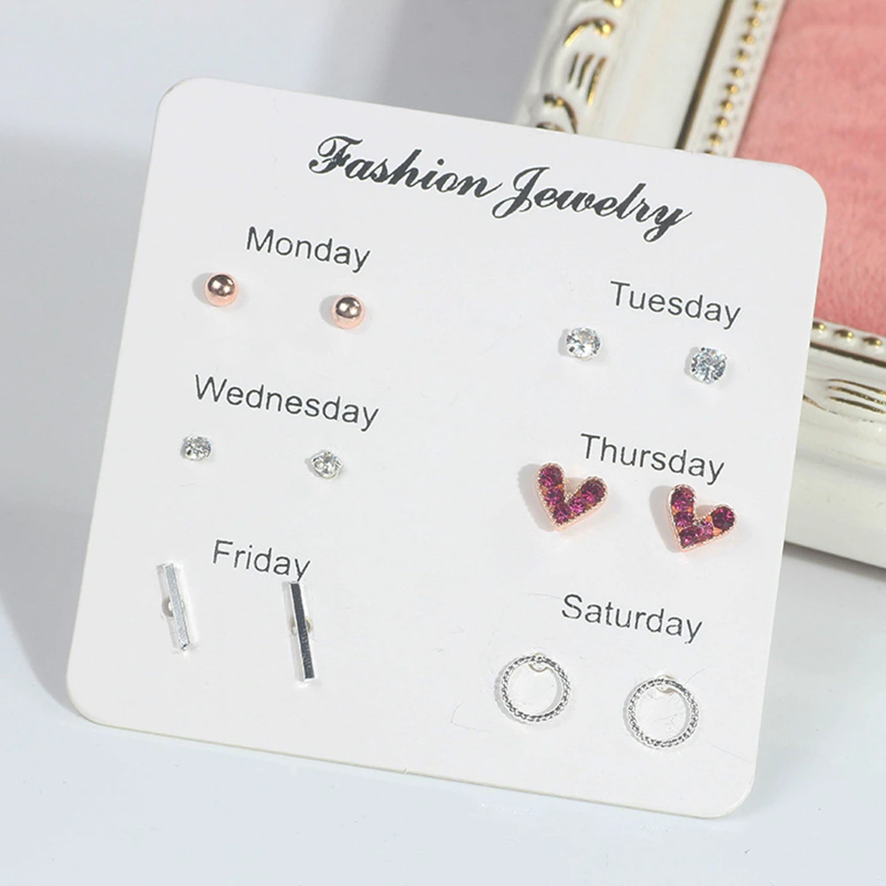 

One Week Earring Set Fashion Simple Crystal Heart Stud Earrings For Women 6 Pairs/Set Mini Brincos Valentine's Day Mujer Gift