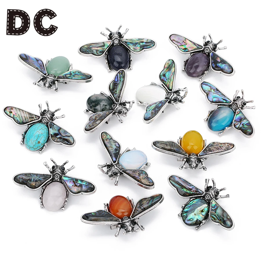 

DC 2019 New Trendy Shell Bee Brooch 55x34mm Alloy Natural Rose Quartzs Amethysts Stone Bee Pin for DIY Insect Pendant Jewelry