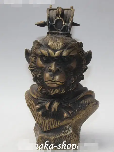 

10"Old Chinese Collection Bronze Mythology Handsome Monkey King Head Statue