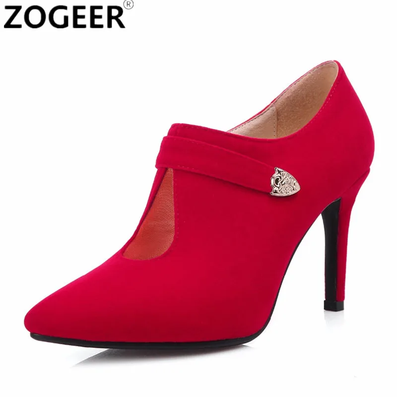 

Brand 2018 New Women Ankle Boots Fashion Sexy Pointed Toe High Heel Red Wedding Shoes Flock leather Black Ladies Boot