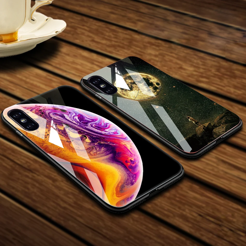 TOMKAS Tempered Glass Case For iPhone XS Max XR XS Silicone Stars Space Cover Phone Case For iPhone X 10 XS XR Luxury Cases TPU  (2)