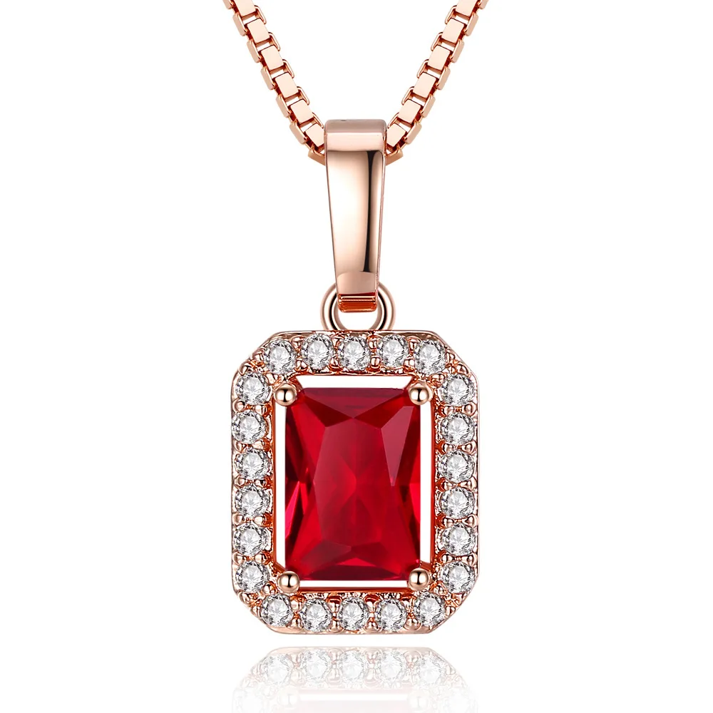 

Mini Red Square-cut Stone Pendant Necklace Rose Gold Filled Beautiful Womens Necklace Clavicle Chain