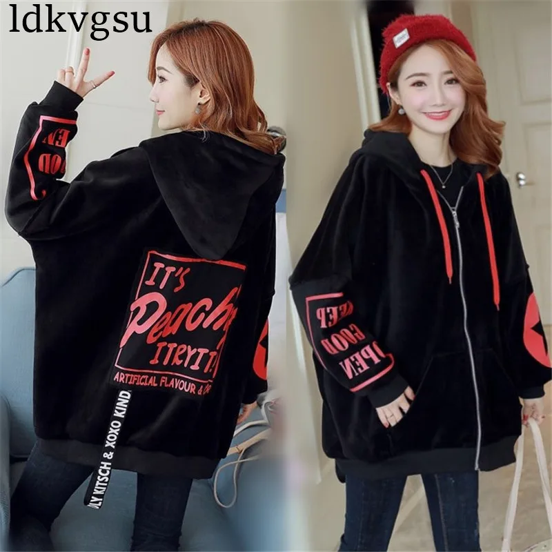 

2018 New Autumn Winter Sweatshirts Jackets Female Hooded Korean Plus Size Loose Coat For Women Hoodies Outerwear V25