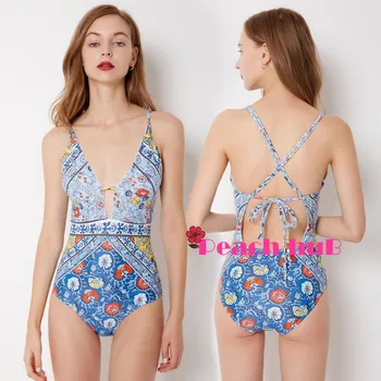 

Sexy One Piece Swimsuit Girls Whole Swimsuits Floral Vintage Swimsuit Blue Spaghetti Strap Swimwear Plus Size Trikini 2019